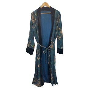Kim + Ono Kimono Long Satin Robe Asian Floral Velvet Cuffs Tie Belt Teal OS
